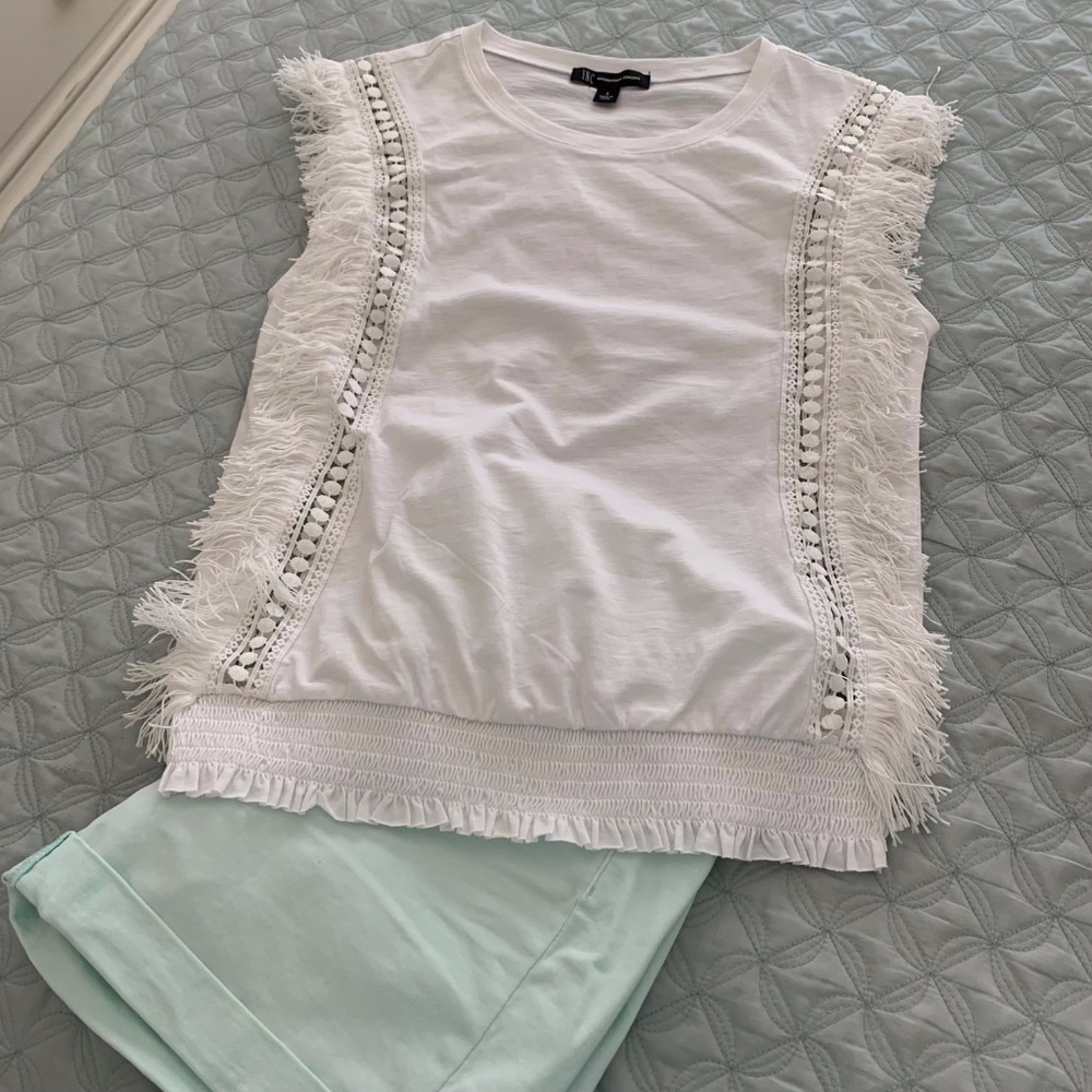 INC White S Top with Fringe Detail Worn Once New Condition